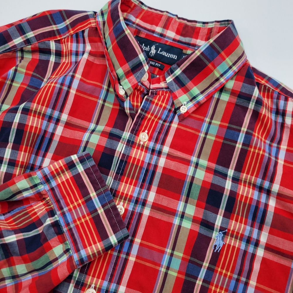 Ralph Lauren Classic Fit Red Plaid Cotton Button Down Shirt Mens XL Long Sleeve